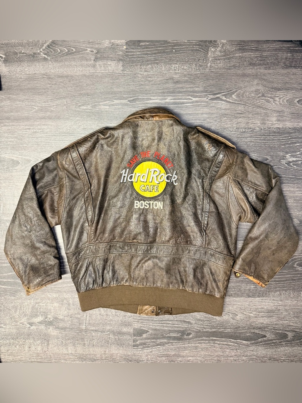 Vintage Hard Rock Cafe Boston Leather Bomber Jacket Save The Planet Map Lined Me
